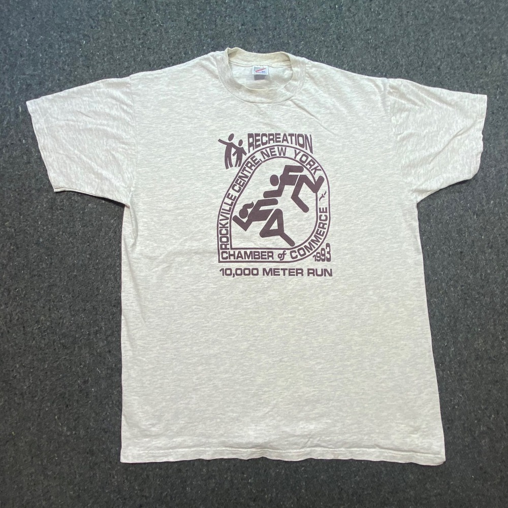 Jerzees Rockville Centre NY 10000 Meter Run Sz XL Mens Gray 93 Vintage Shirt 90s